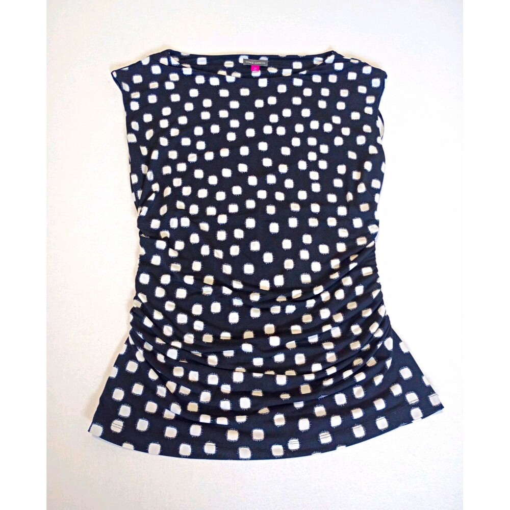 Vince Camuto Sm  Sleeveless Blouse Black White Square Polka Dot Ruched Side Top
